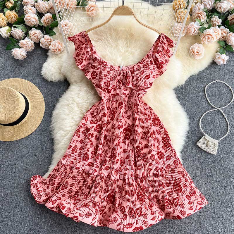 Holiday Summer Pleated V-Neck Slim Short Printed Women's Dress - Harmony Gallery