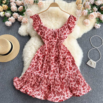 Holiday Summer Pleated V-Neck Slim Short Printed Women's Dress - Harmony Gallery