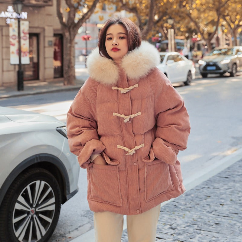 Corduroy Horn Buckle Winter Cotton Women's Jacket - Harmony Gallery