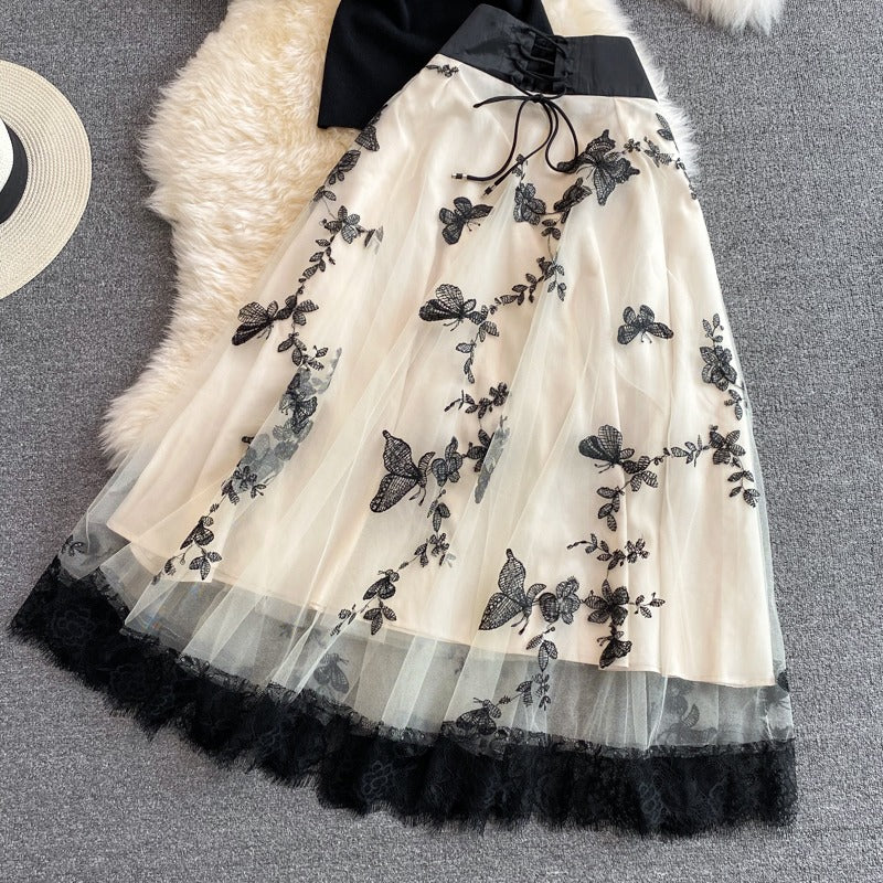 Summer Butterfly Embroidery Mesh Oblique Women's Suit - Harmony Gallery