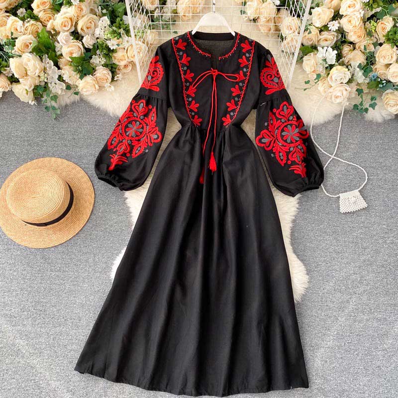 Bohemian Ethnic Style Embroidery Lantern Sleeve Women's Dress - Harmony Gallery
