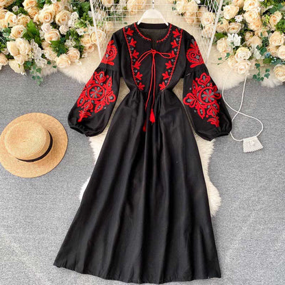 Bohemian Ethnic Style Embroidery Lantern Sleeve Women's Dress - Harmony Gallery