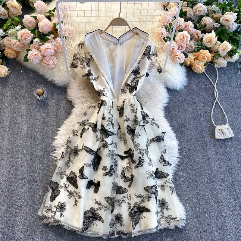 Retro Embroidery Trendy Butterfly Short Sleeved Women's Dress - Harmony Gallery