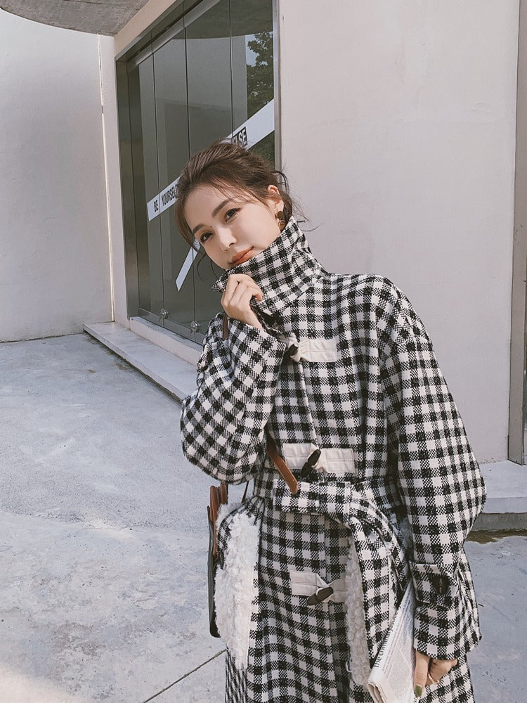 Horn Buckle Plaid Mid-Length Woolen Women's Coat - Harmony Gallery