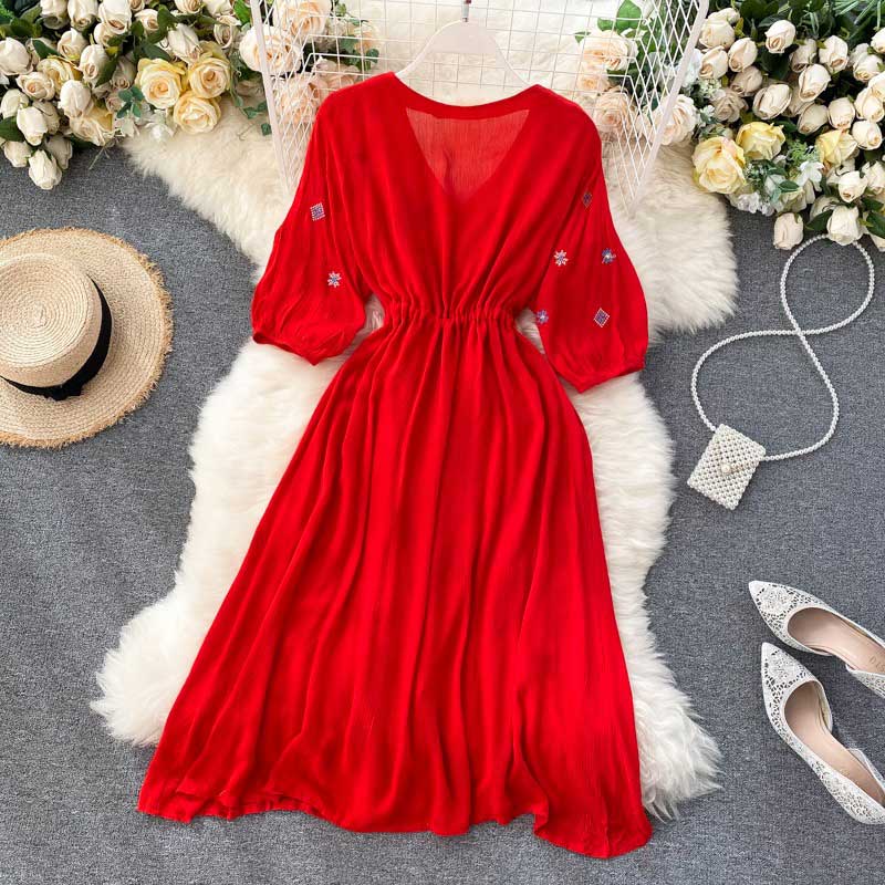 Bohemian Retro Folk Style Embroidery Women's Dress - Harmony Gallery