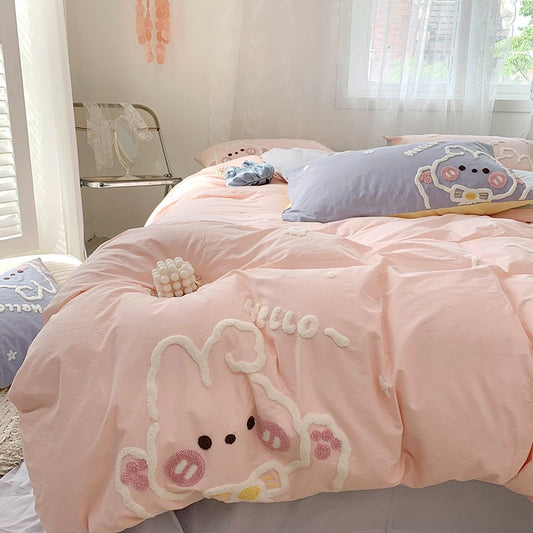 Cute Bunny Cotton Washed Cotton Four-Piece Cartoon Bed Set - Harmony Gallery