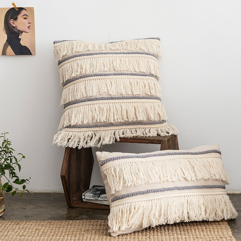 Handmade Nordic Cotton & Linen Tassel Indian Sofa Cushion - Harmony Gallery
