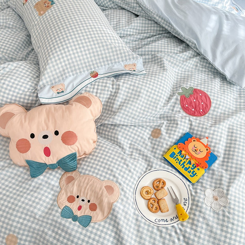 Cute Strawberry Bear Washed Cotton Four-Piece Bed Set - Harmony Gallery
