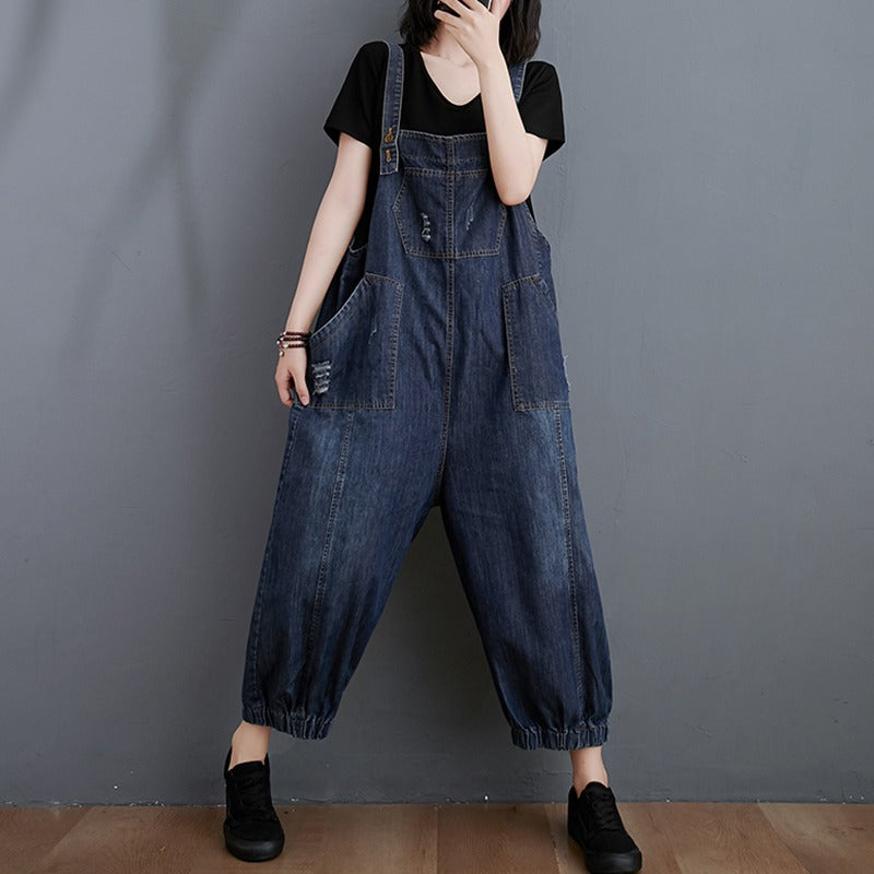 Distressed Washed Denim Harem Women's Jumpsuit - Harmony Gallery