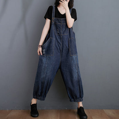 Distressed Washed Denim Harem Women's Jumpsuit - Harmony Gallery