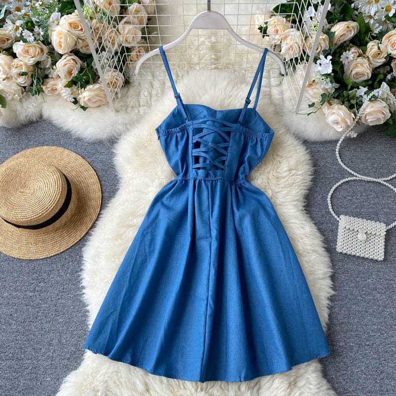 Summer Hollow Halter Strap Denim Women's Dress - Harmony Gallery