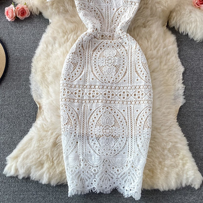 Square Neck Puff Sleeves Slim High-End Lace Women's Dress - Harmony Gallery