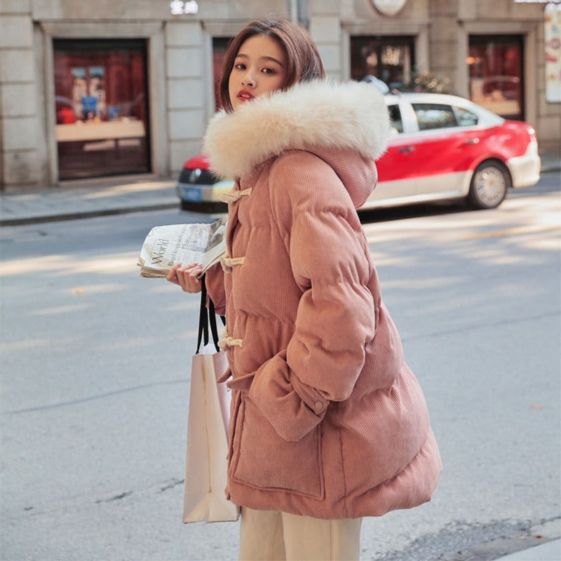 Corduroy Horn Buckle Winter Cotton Women's Jacket - Harmony Gallery
