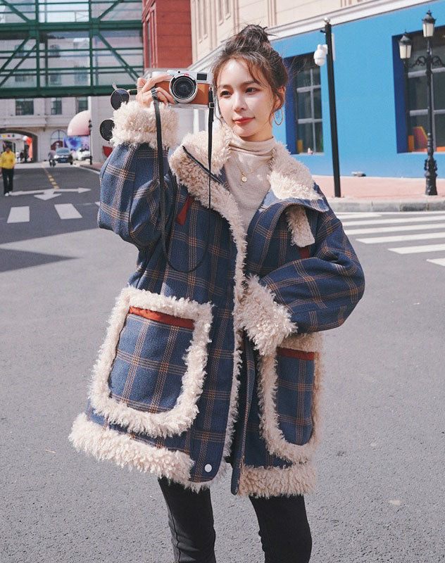 Lamb Wool Loose Plaid Cotton Padded Women's Coat - Harmony Gallery