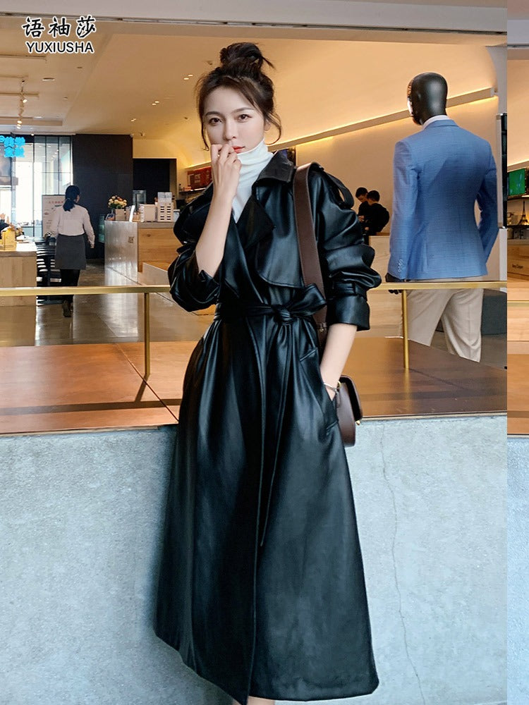 Black PU Leather Mid-Length Fashion Women's Jacket - Harmony Gallery