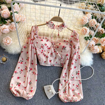 Mori Sweet Floral Puff Sleeve Halter Chiffon Women's Top - Harmony Gallery