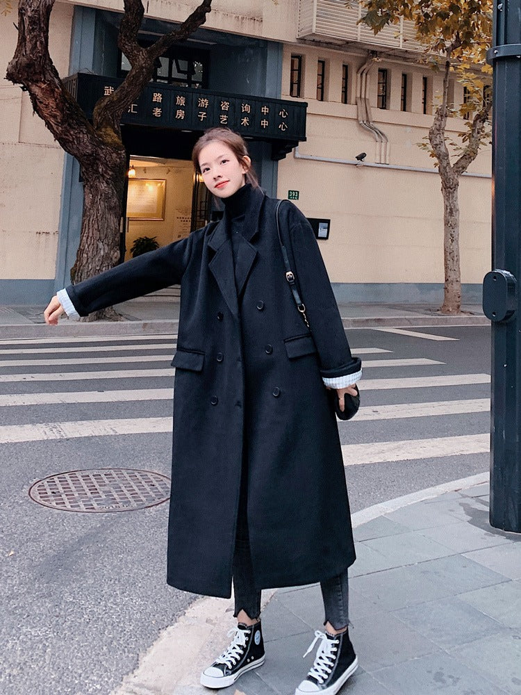 British Style Mid-Length Woolen Black Women's Coat - Harmony Gallery