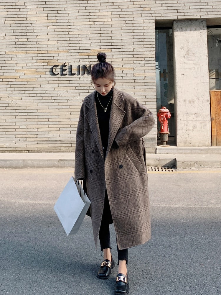 Light Mature Style Plaid Mid-Length Woolen Women's Coat - Harmony Gallery
