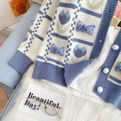 Soft Gentle Bowknot College Style Knitted Women's Cardigan - Harmony Gallery