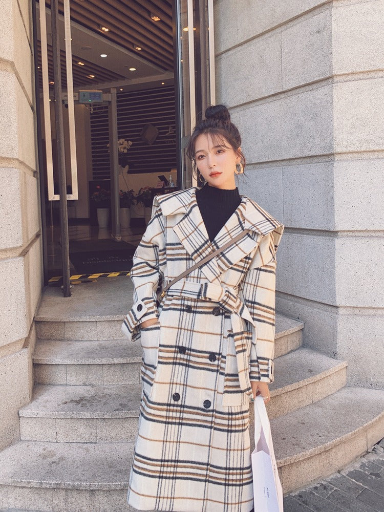 Loose Retro Plaid Mid-Length Woolen Women's Coat - Harmony Gallery