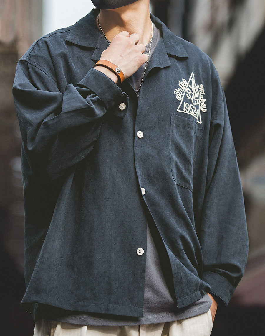 American Retro Brushed Embroidery Loose Men's Shirt - Harmony Gallery