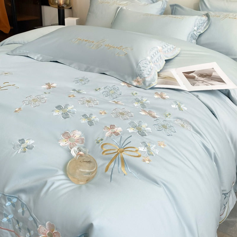 Summer Washed Ice Silk Embroidery Four-Piece Bed Set - Harmony Gallery