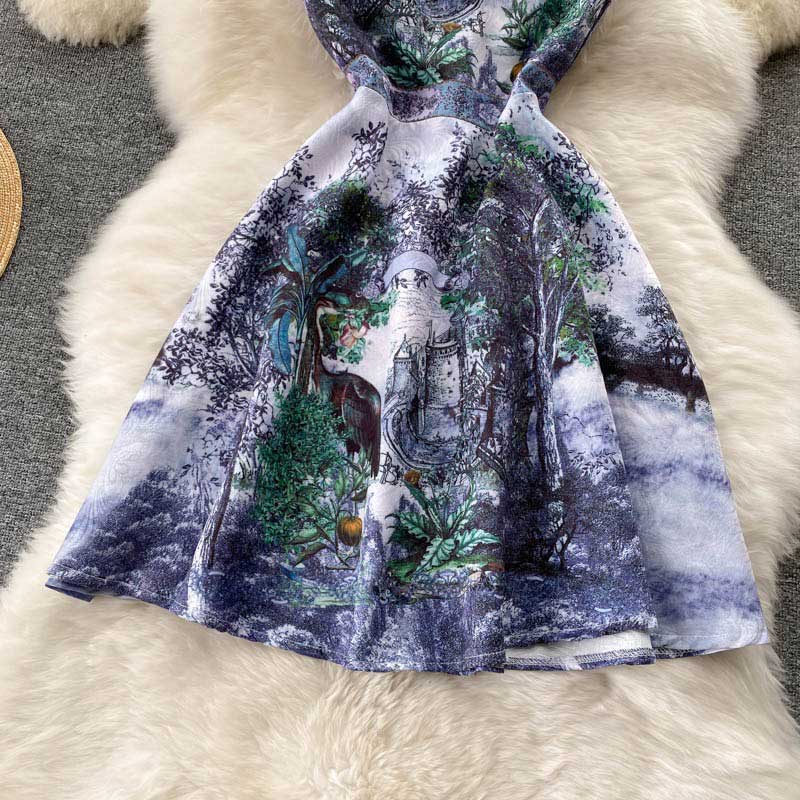 Retro Luxury French Printed Summer Women's Dress - Harmony Gallery