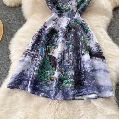 Retro Luxury French Printed Summer Women's Dress - Harmony Gallery
