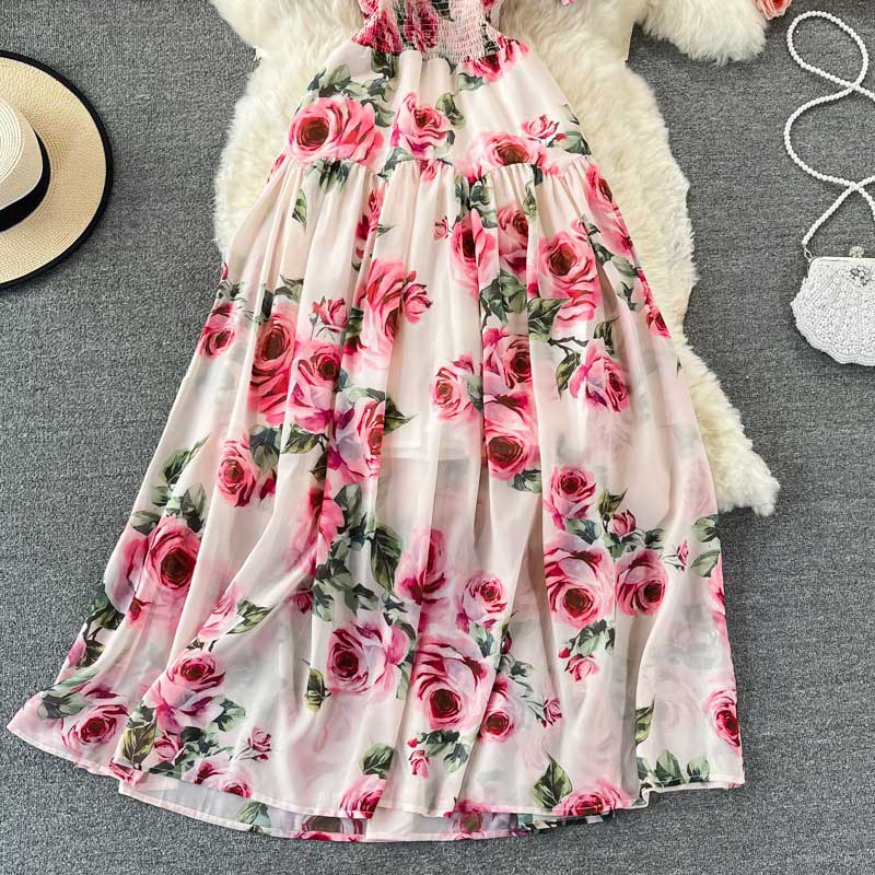 Super Fairy Retro Rose Print Seaside Holiday Elegant Women's Dress - Harmony Gallery
