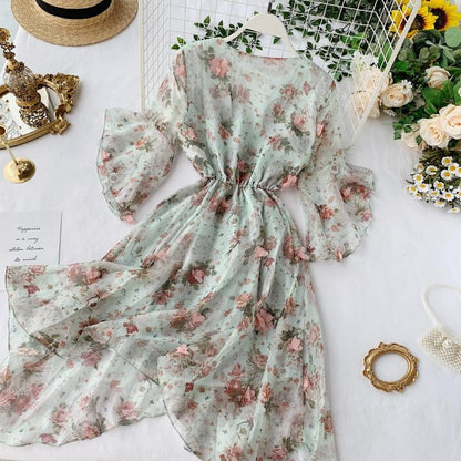 Seaside Holiday Summer Fairy Lace Floral Chiffon Women's Dress - Harmony Gallery