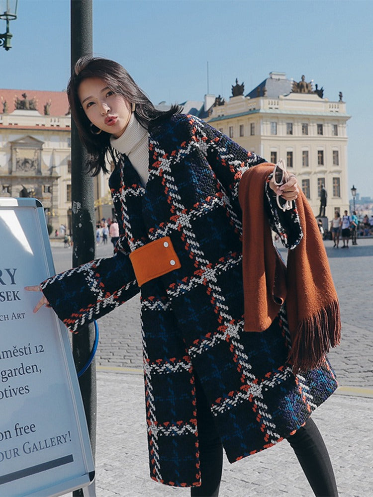 Coarse Plaid Woolen Mid-Length Loose Women's Coat - Harmony Gallery
