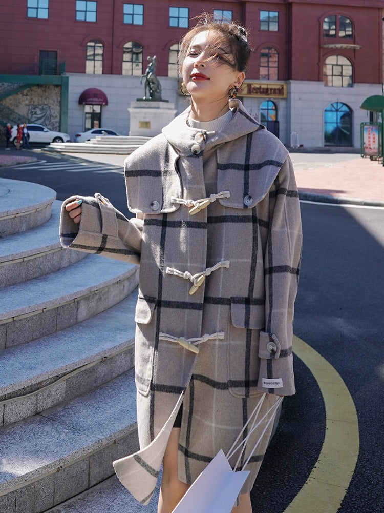 Horn Button Woolen Hooded Navy Collar Women's Coat - Harmony Gallery