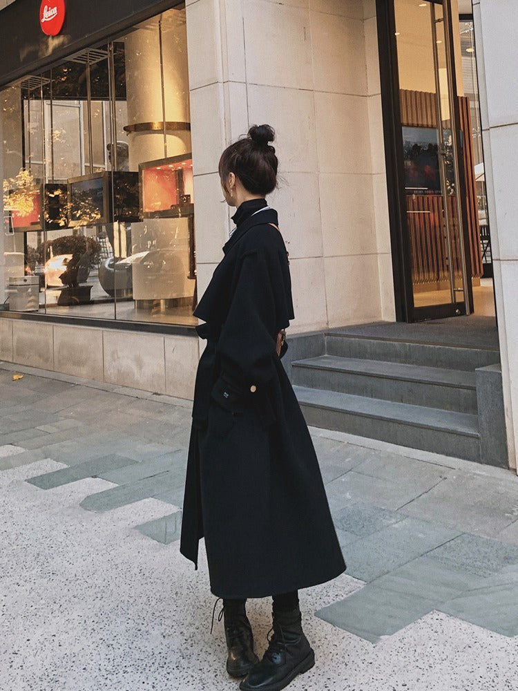 Black Mid-Length Hepburn Style Woolen Women's Coat - Harmony Gallery
