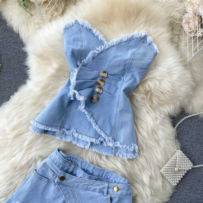 Scheming Pleated Fringed Two Piece Denim Women's Suit - Harmony Gallery