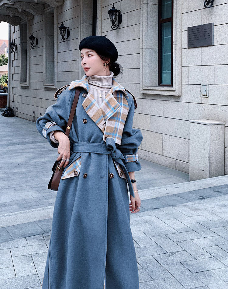 Contrast Plaid Over The Knee Woolen Women's Coat - Harmony Gallery