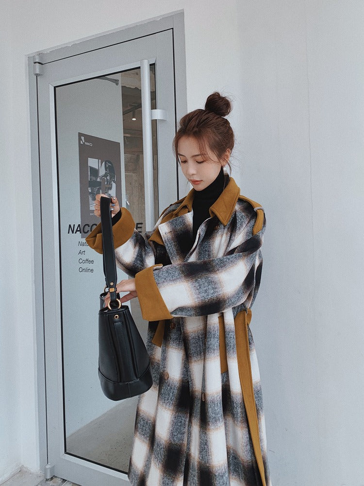 Fashion Retro Plaid Mid-Length Woolen Women's Coat - Harmony Gallery