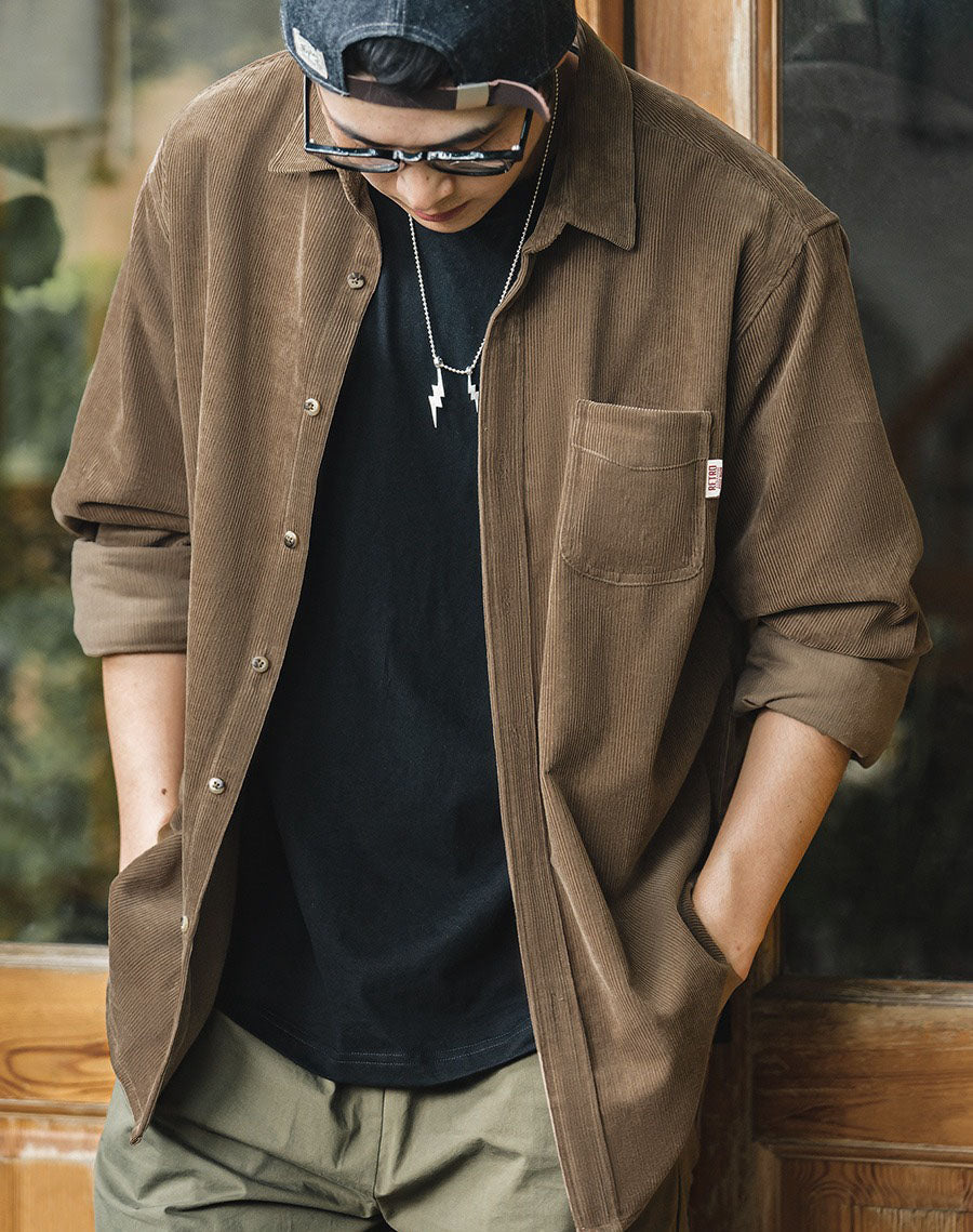 Retro American Casual Corduroy Fold-Over Men's Shirt - Harmony Gallery