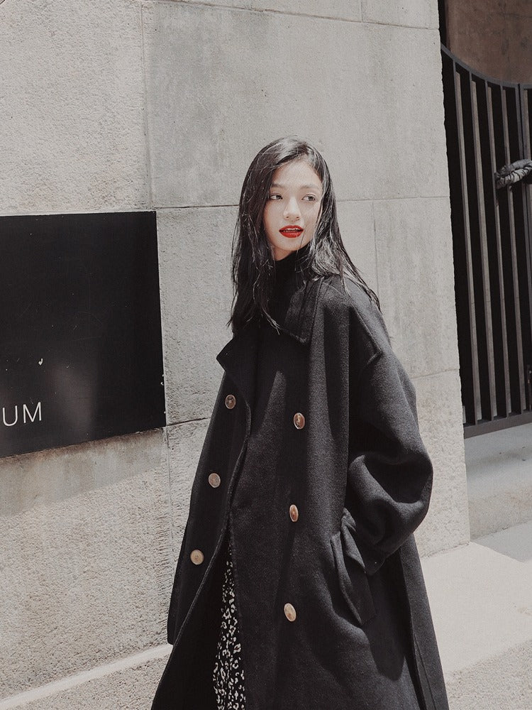 Black Hepburn Style Winter Loose Woolen Women's Coat - Harmony Gallery