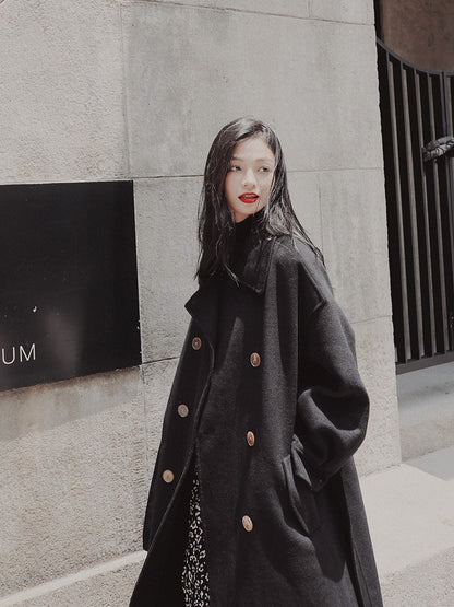 Black Hepburn Style Winter Loose Woolen Women's Coat - Harmony Gallery