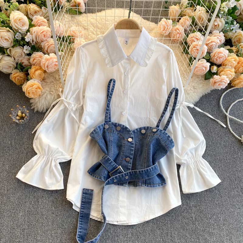 Retro Bubble Sleeve Loose Denim Camisole Women's Suit - Harmony Gallery
