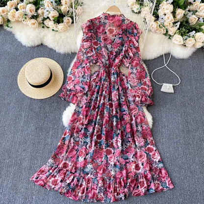 Printed Long Skirt Ruffled Retro Printed Women's Dress - Harmony Gallery