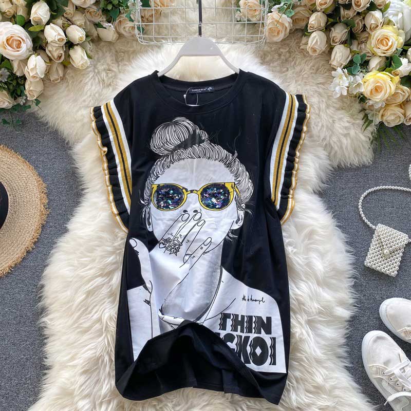 Ghost Horse Girl Character Print Sequined Glasses Summer Top - Harmony Gallery