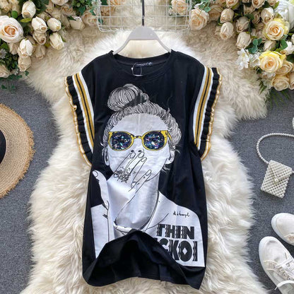 Ghost Horse Girl Character Print Sequined Glasses Summer Top - Harmony Gallery