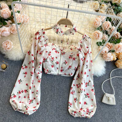 Mori Sweet Floral Puff Sleeve Halter Chiffon Women's Top - Harmony Gallery
