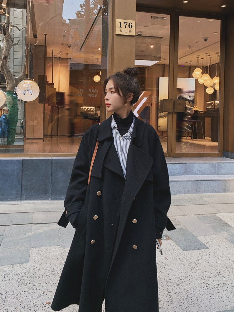 Black Mid-Length Hepburn Style Woolen Women's Coat - Harmony Gallery