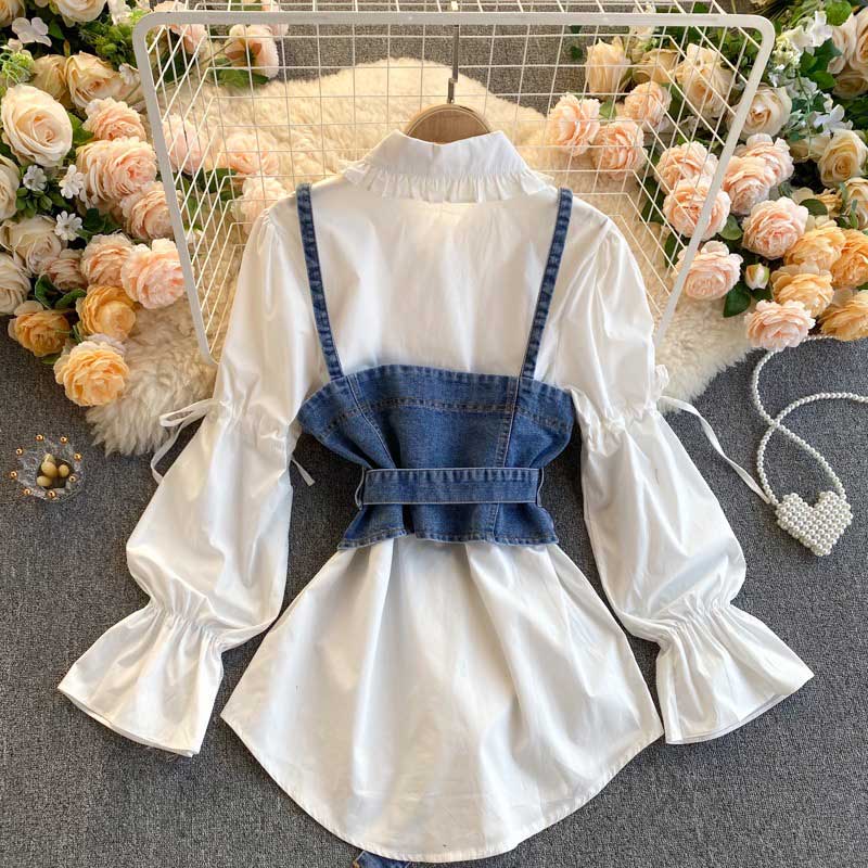 Retro Bubble Sleeve Loose Denim Camisole Women's Suit - Harmony Gallery