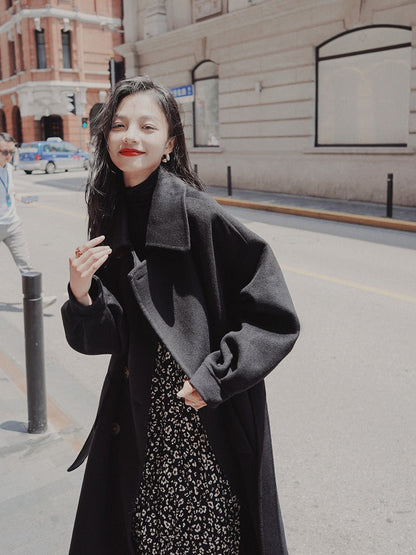 Black Hepburn Style Winter Loose Woolen Women's Coat - Harmony Gallery