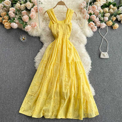 Bohemian Holiday Square Neck Hollow Ruffle Women's Dress - Harmony Gallery