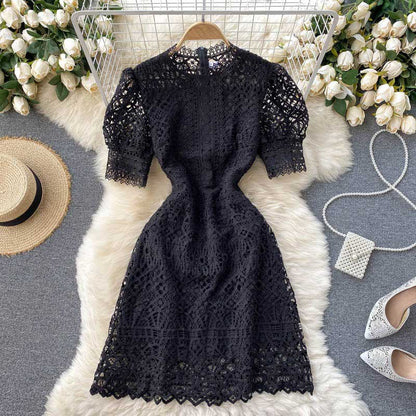 Summer Sense Hollow Puff Sleeves Slim Short Women's Dress - Harmony Gallery