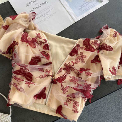 Retro Summer Butterfly Embroidery Women's Top - Harmony Gallery